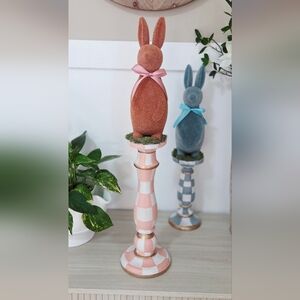 Charming Flocked Pink bunny, perched on a Hand-Painted checkered pedistal!